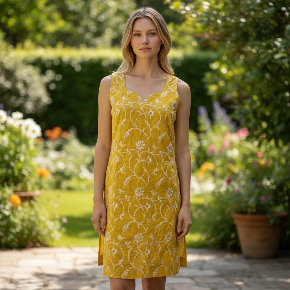 Beautiful Yellow Mustard Colored Embroidered Kurt’s Tunic Dress